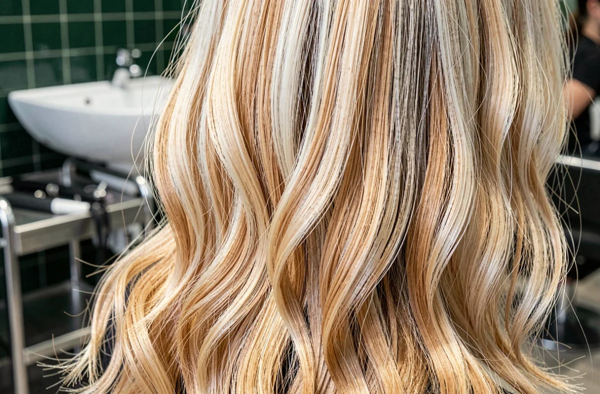 Gros plan de cheveux fins avec balayage multitonique mêlant blond platine, miel doré et reflets blancs argentés en ondulations naturelles
