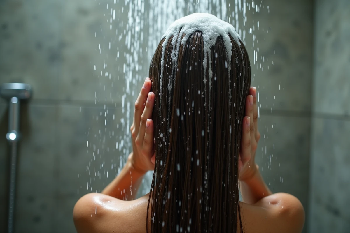 Gros plan de cheveux gras rincés sous la douche avec un shampoing sans silicone pour réguler le sébum