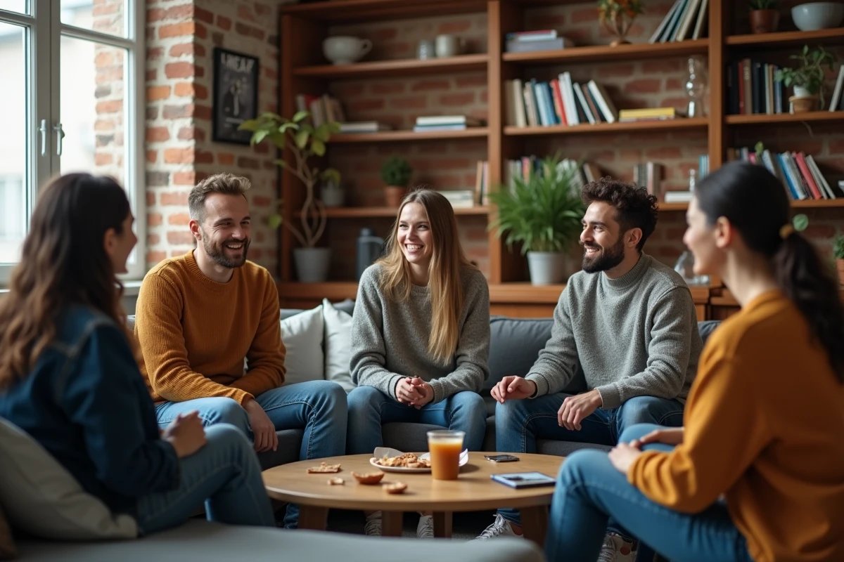 Groupe mixte d'amis en conversation animée dans un appartement moderne, évoquant un débat social sur les idéaux corporels