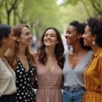 Femmes diverses souriantes dans un parc urbain