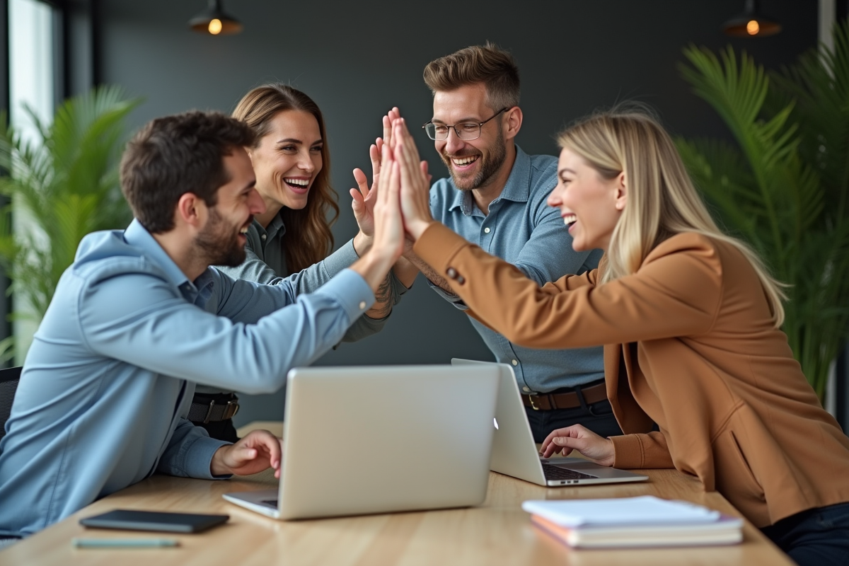 Groupe de collègues partageant un highfive dans un bureau