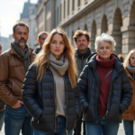 Groupe de personnes diverses dans une place urbaine