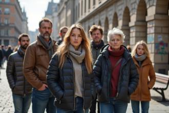 Groupe de personnes diverses dans une place urbaine