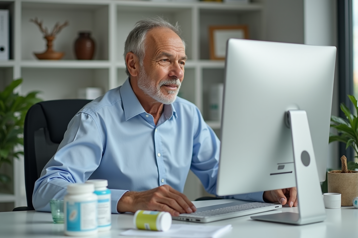 Homme d age comparant des sites de parapharmacie au bureau