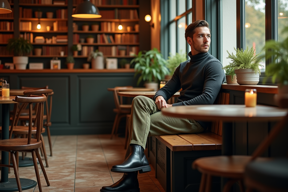 Homme en café cosy regardant par la fenêtre