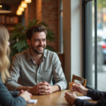 Homme souriant au café lors d'une rencontre chaleureuse