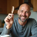 Homme chauve souriant tenant un peigne humoristique pour chauve à la maison