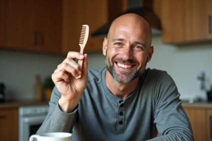 Homme chauve souriant tenant un peigne humoristique pour chauve à la maison