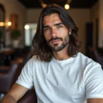 Homme aux cheveux longs avec dégradé bas côtés, assis dans un fauteuil de barbershop moderne, coupe soignée et naturelle