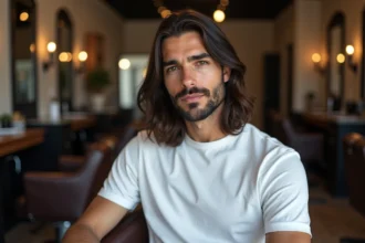 Homme aux cheveux longs avec dégradé bas côtés, assis dans un fauteuil de barbershop moderne, coupe soignée et naturelle