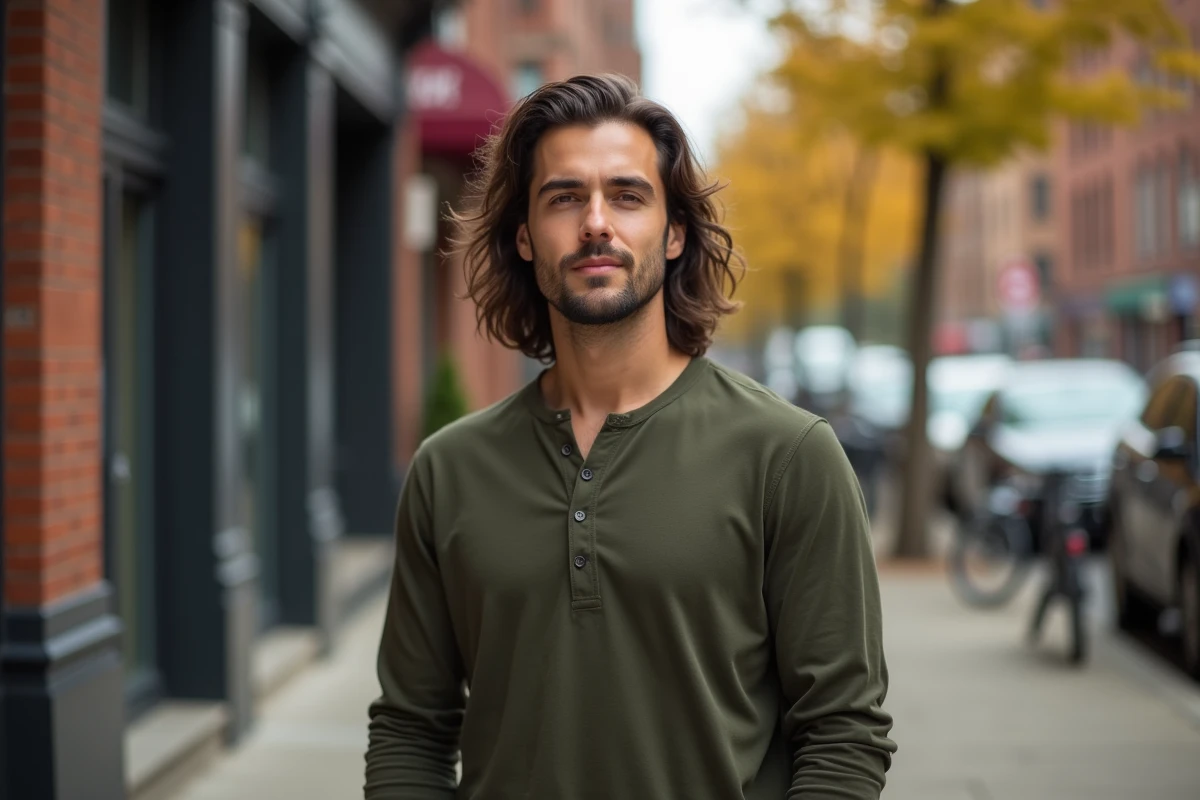 Homme aux cheveux longs ondulés avec dégradé bas peau en extérieur urbain, style naturel et moderne