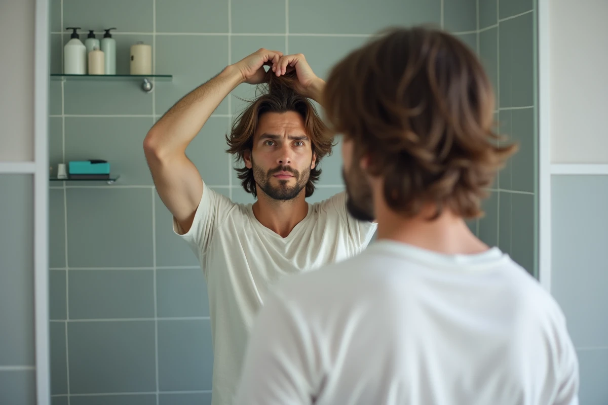 Homme regardant ses cheveux mi-longs sans structure dans un miroir de salle de bain, montrant une coiffure mal entretenue