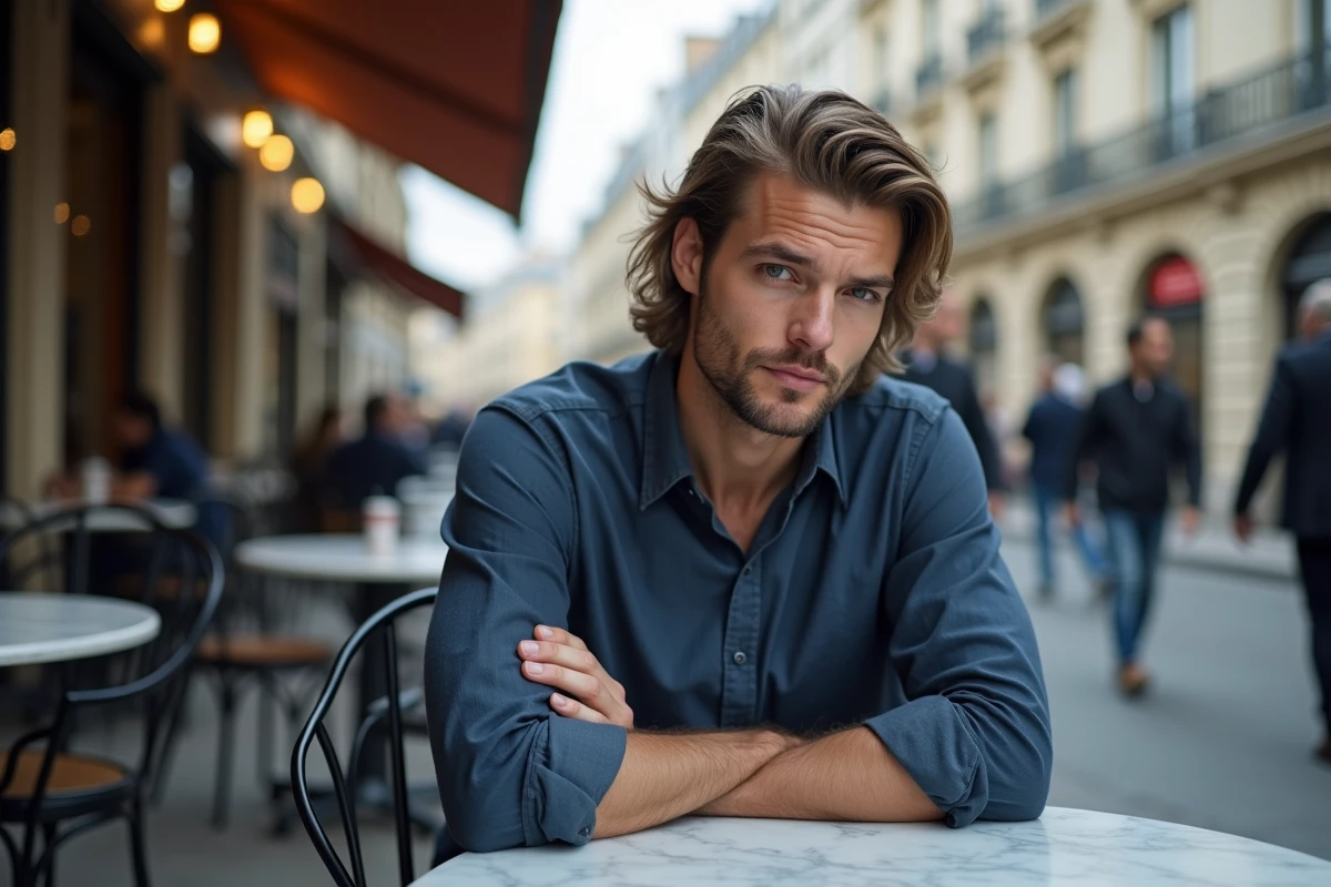 Homme en terrasse de café avec des cheveux mi-longs sur-stylisés et gras, illustrant l'erreur d'excès de produit coiffant