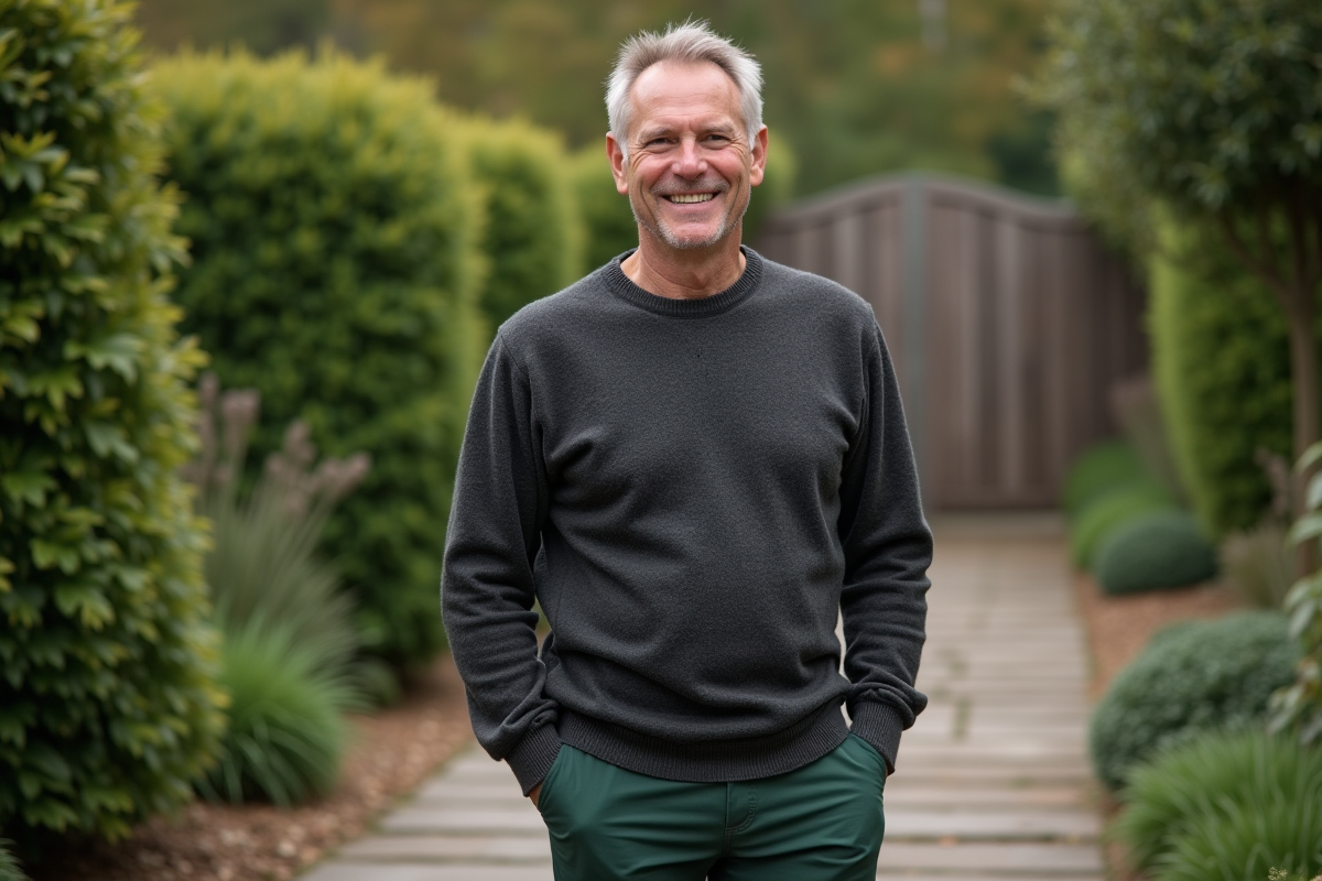 Homme en pull et chinos dans un jardin verdoyant