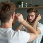 Jeune homme coiffant ses cheveux devant un miroir de salle de bain