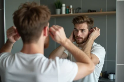 Jeune homme coiffant ses cheveux devant un miroir de salle de bain