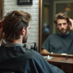 Homme aux cheveux mi-longs mal coupés assis dans un fauteuil de barbier, illustrant les erreurs courantes de coupe de cheveux mi-longs