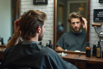 Homme aux cheveux mi-longs mal coupés assis dans un fauteuil de barbier, illustrant les erreurs courantes de coupe de cheveux mi-longs
