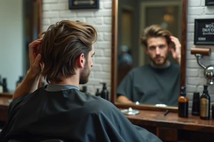 Homme aux cheveux mi-longs mal coupés assis dans un fauteuil de barbier, illustrant les erreurs courantes de coupe de cheveux mi-longs