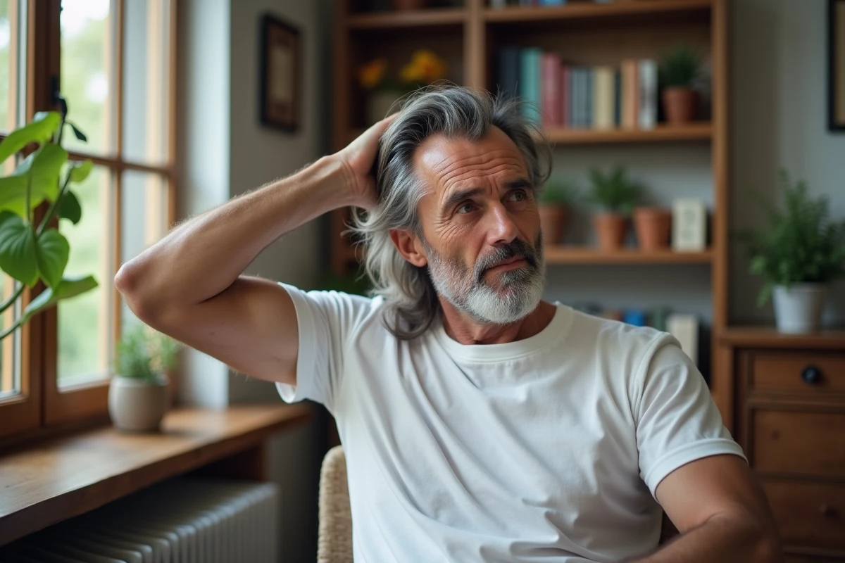 Homme en train de coiffer son mullet dans un salon chaleureux