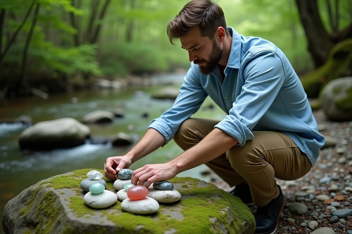 Homme arrangeant des pierres dans la nature