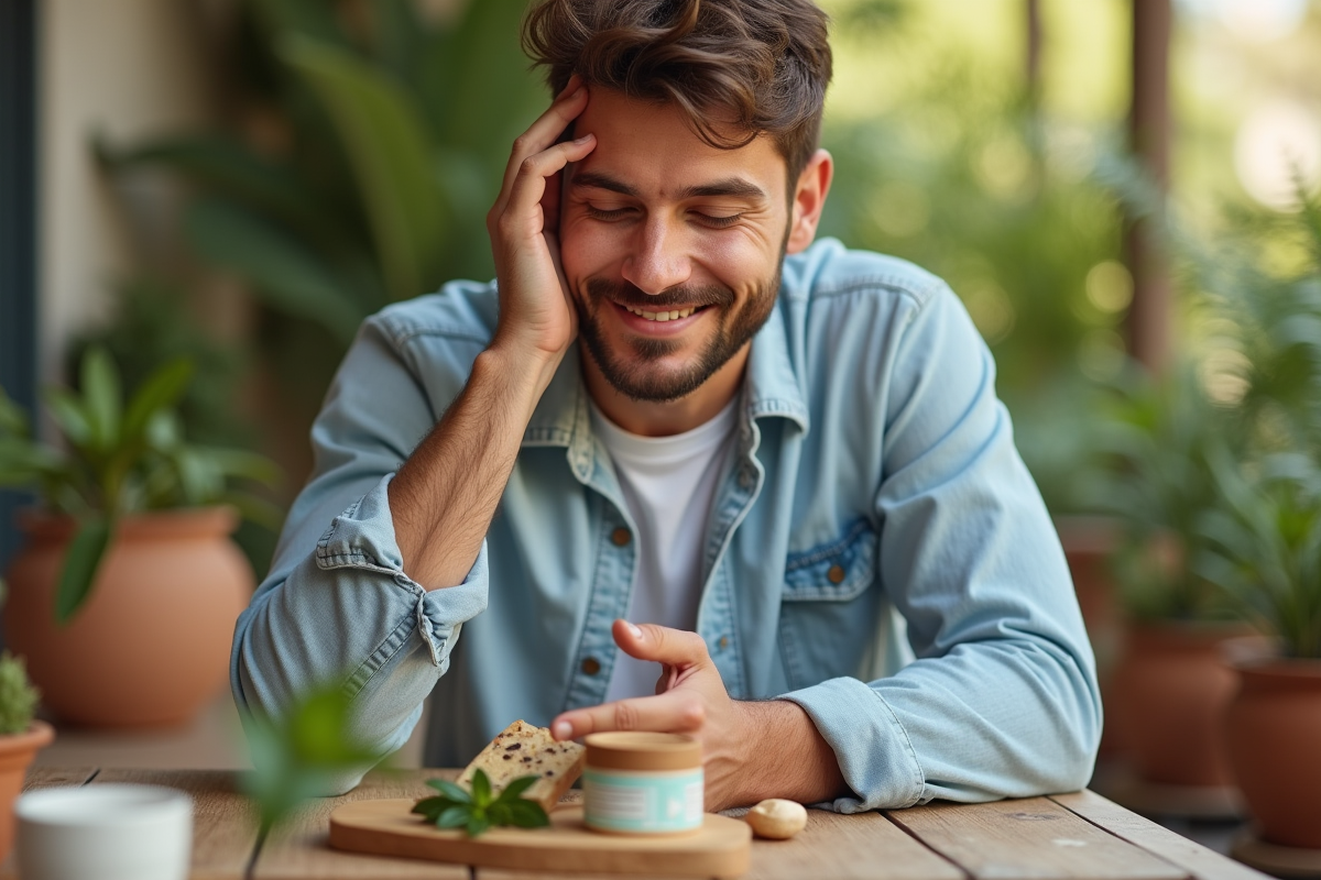 Homme appliquant une creme botanique sur le visage en patio