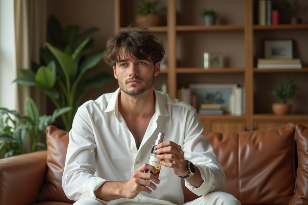 Jeune homme appliquant des parfums dans un salon cosy