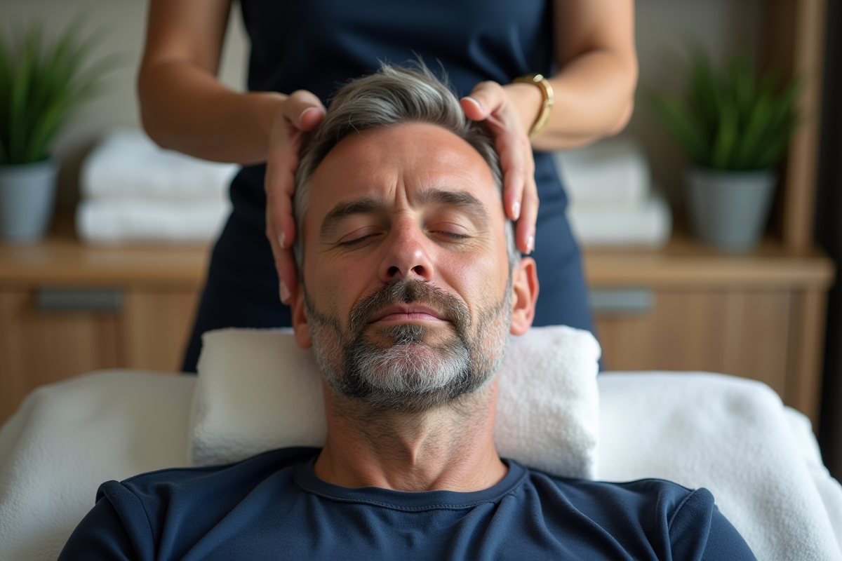 Homme recevant un massage du cuir chevelu par un thérapeute