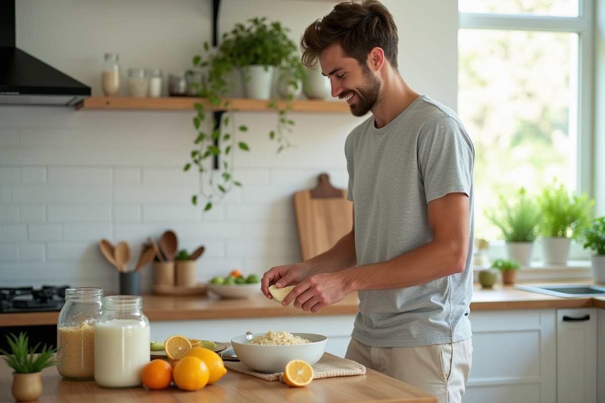 Jeune homme préparant un gommage maison dans une cuisine lumineuse