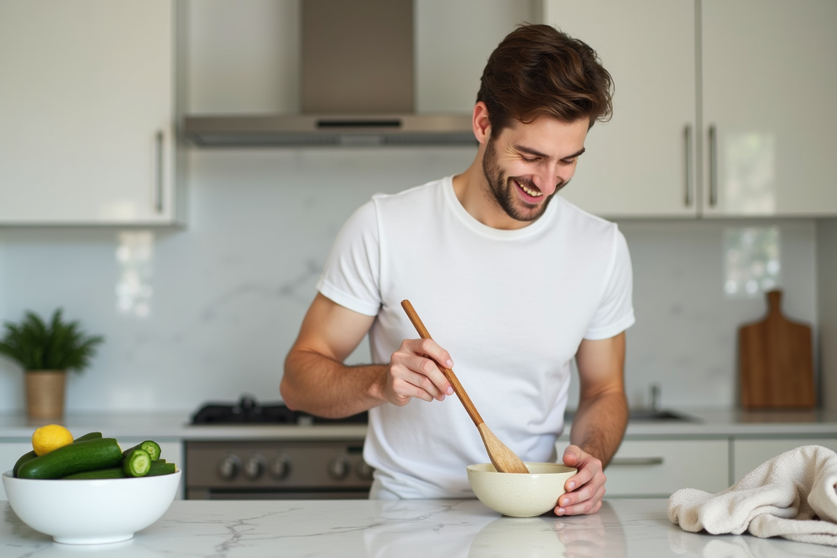 Homme mélangeant un soin visage maison dans la cuisine