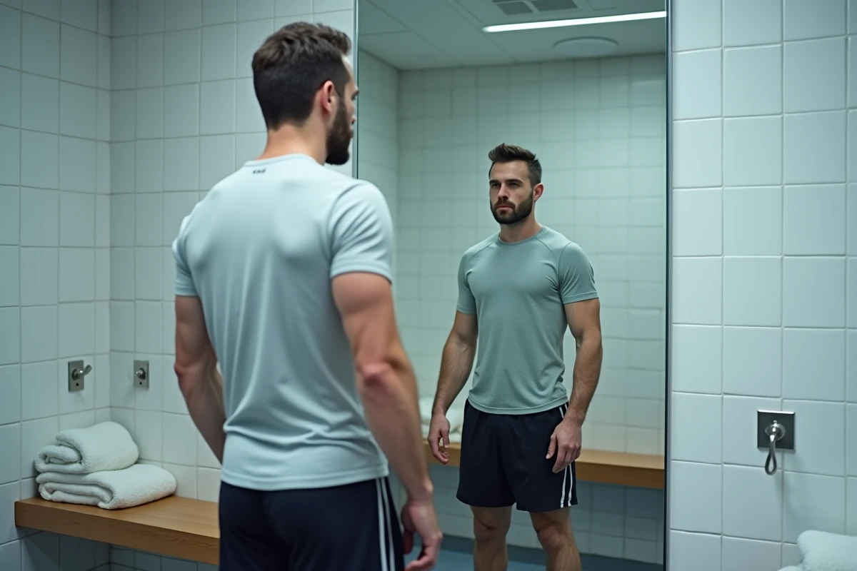 Homme regardant son reflet dans un miroir de vestiaire de salle de sport, symbolisant l'introspection masculine face aux standards physiques