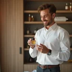 Homme élégant examine un flacon de parfum dans un salon moderne