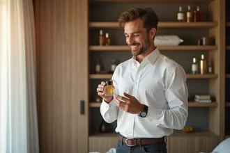 Homme élégant examine un flacon de parfum dans un salon moderne