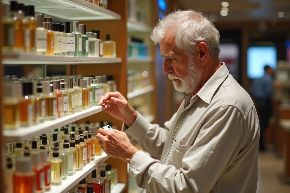 Homme âgé choisissant un parfum dans une boutique dutyfree en Espagne
