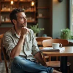 Homme pensif dans un café parisien feuilletant un magazine, illustrant la réflexion masculine sur les standards de beauté