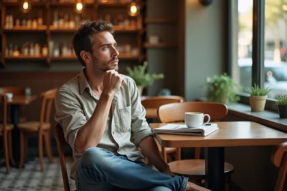 Homme pensif dans un café parisien feuilletant un magazine, illustrant la réflexion masculine sur les standards de beauté