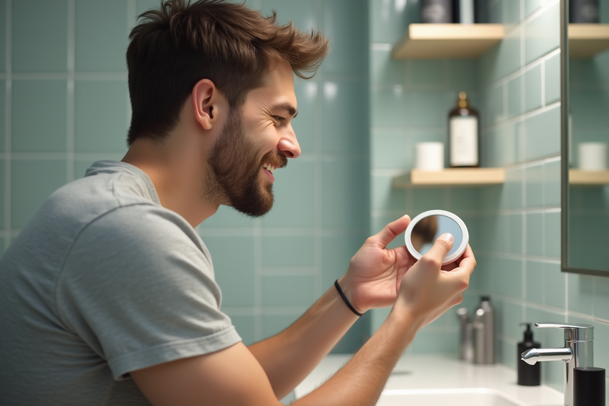 Homme vérifiant sa peau avec un miroir dans la salle de bain