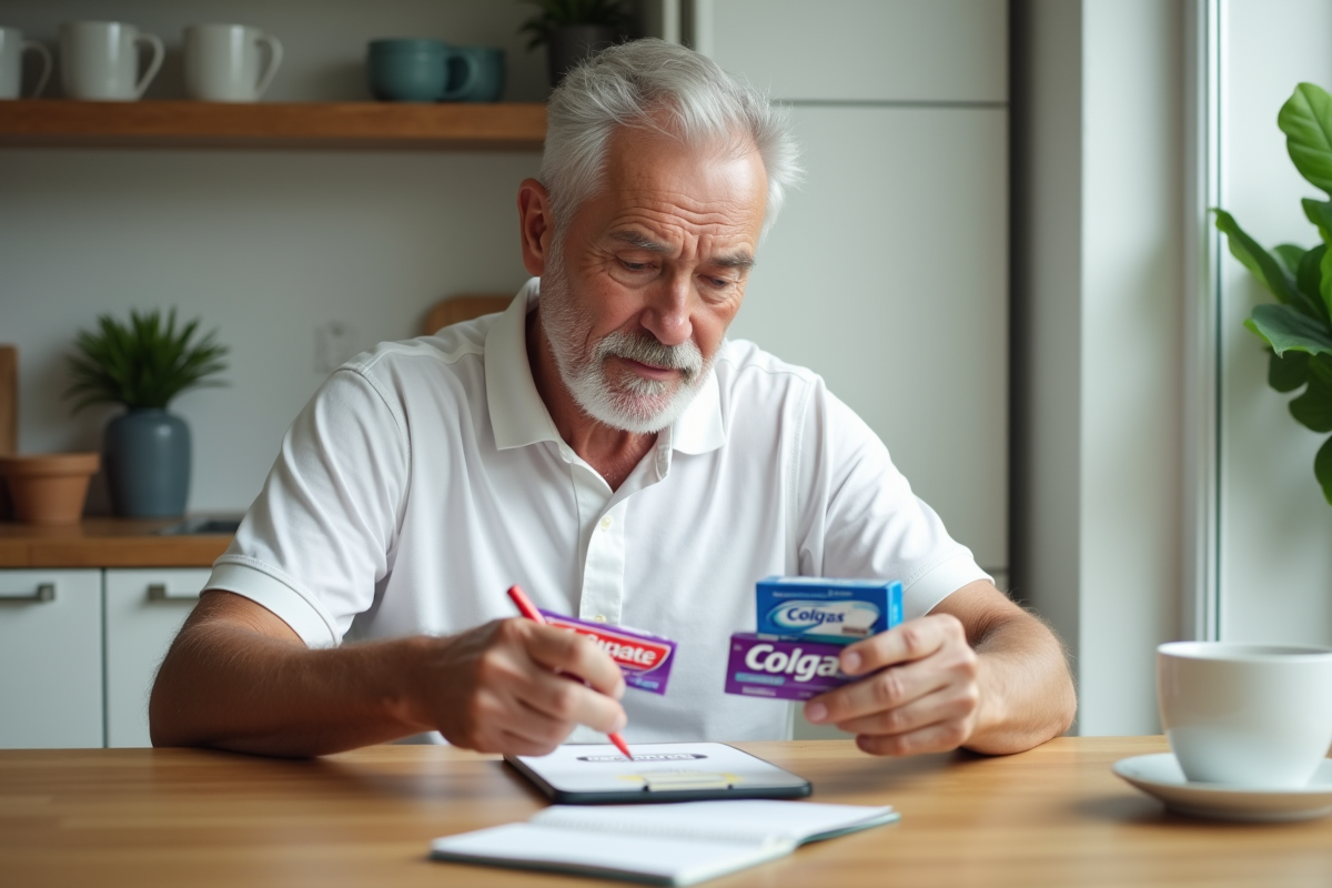 Homme senior en polo blanc compare deux dentifrices à la cuisine