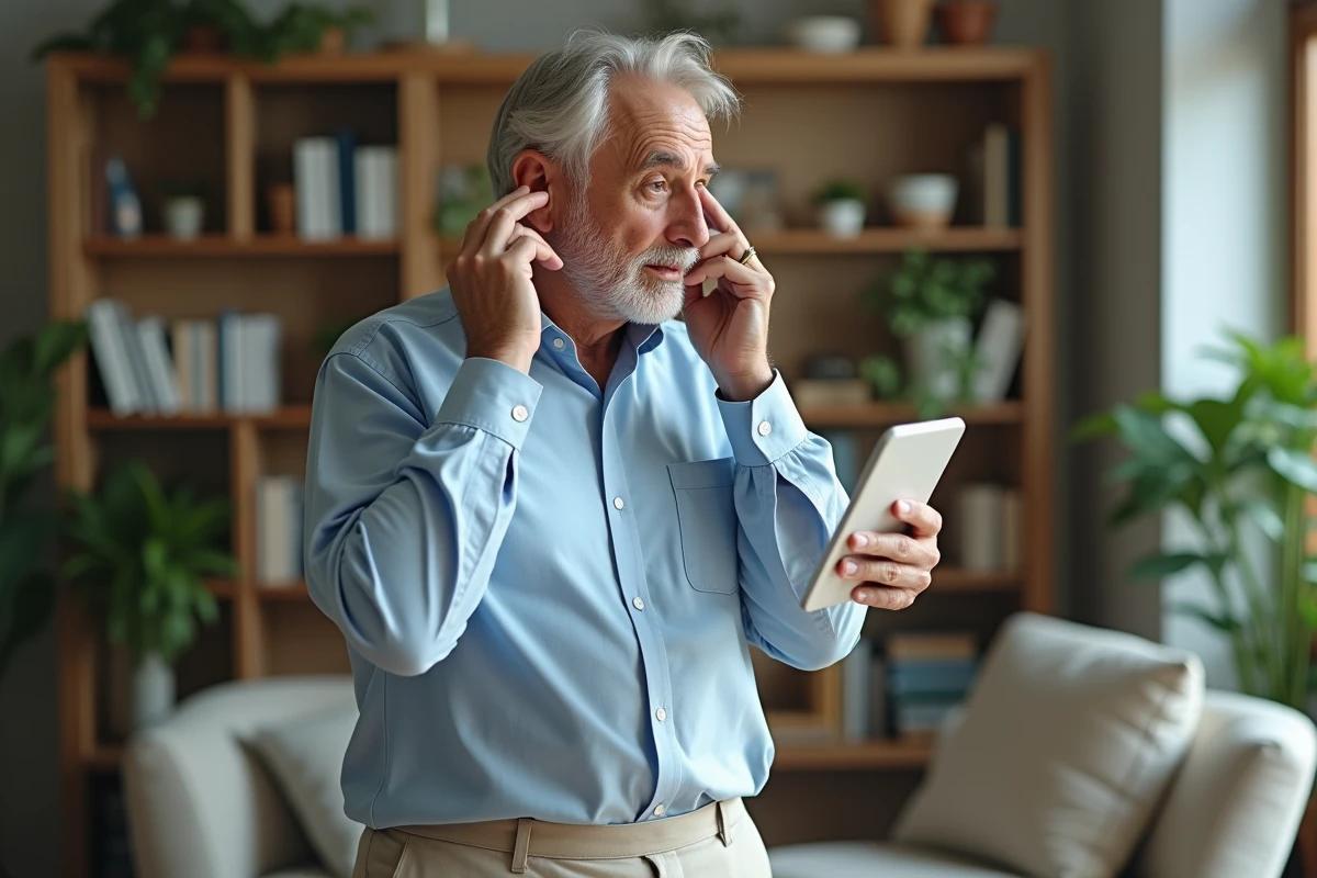 Homme mature examinant sa peau dans un miroir