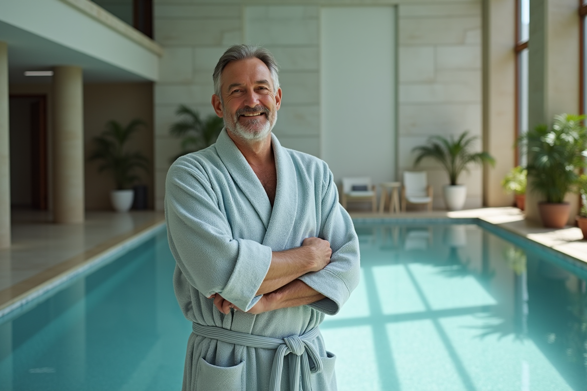Homme souriant près de la piscine spa en robe bleue