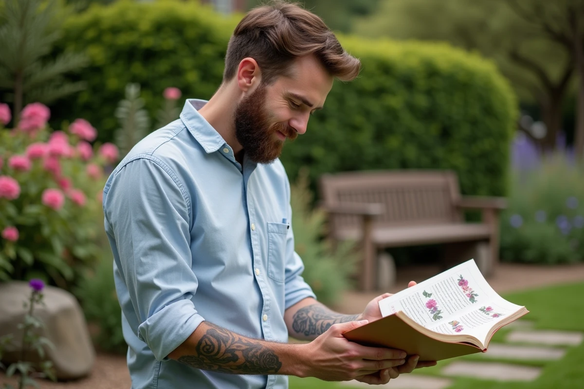 Homme avec tatouage floral dans un jardin naturel