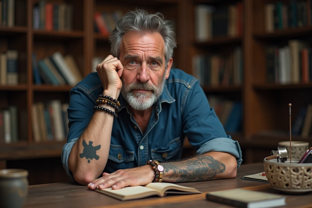 Homme réfléchissant avec tatouage tortue sur la main dans un bureau