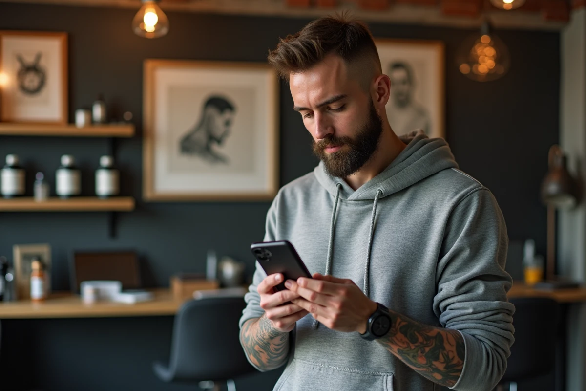 Homme en studio de tatouage regardant son smartphone