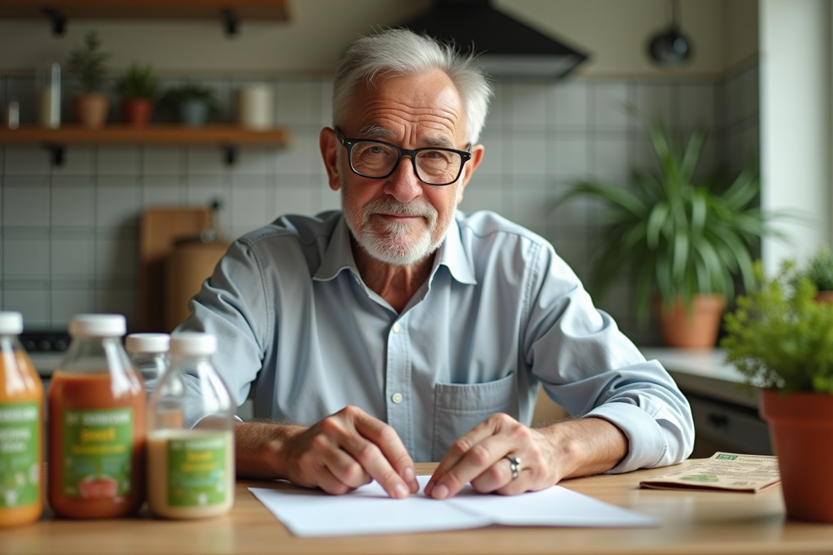 Homme comparant des étiquettes écologiques à la maison