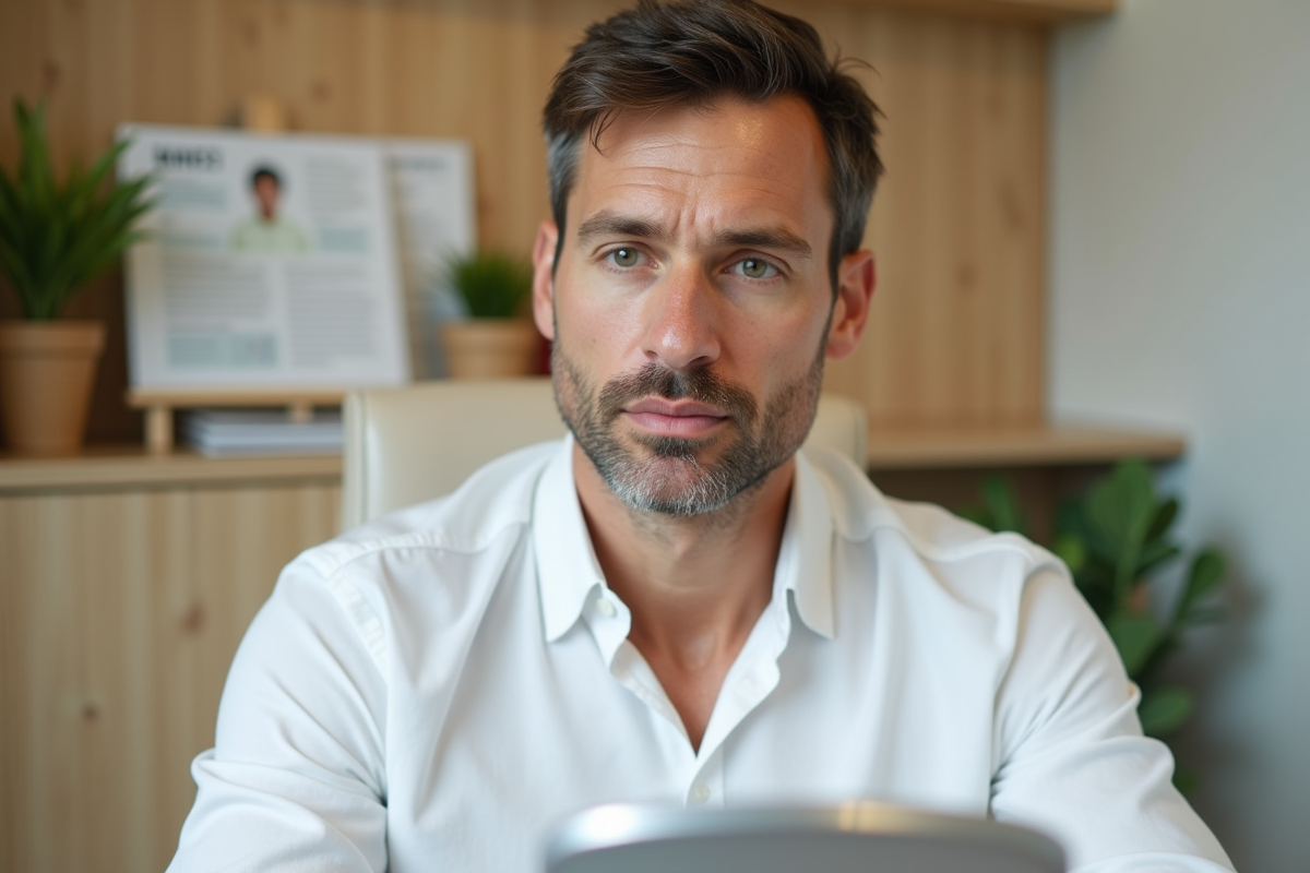 Homme inspectant sa peau après microneedling dans une salle lumineuse