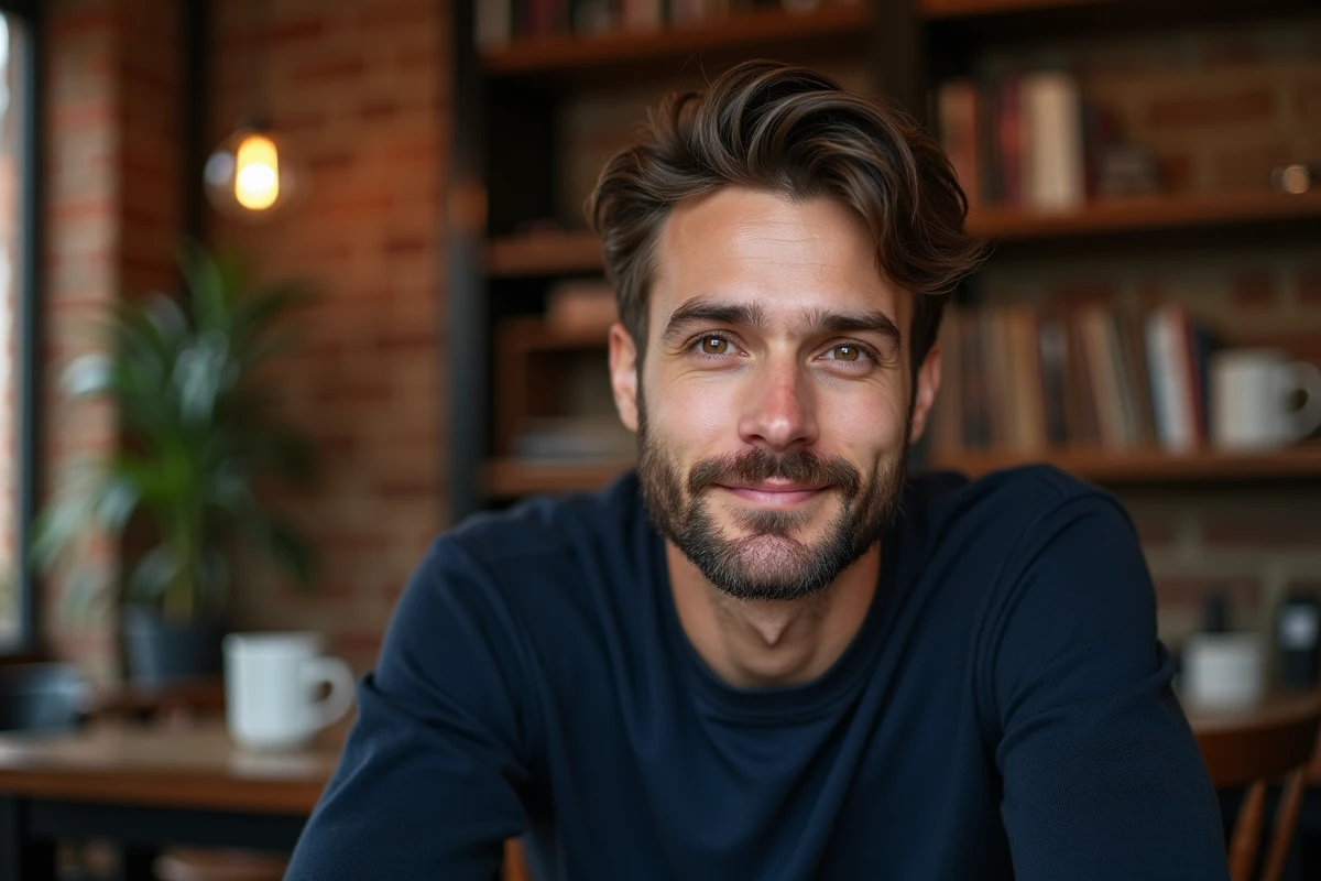 Homme aux yeux hazel en pull marine dans un café parisien, portrait 3/4 authentique