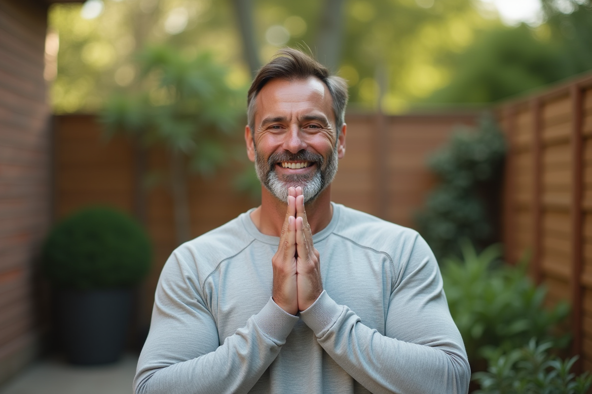 Homme faisant un exercice de yoga facial en extérieur