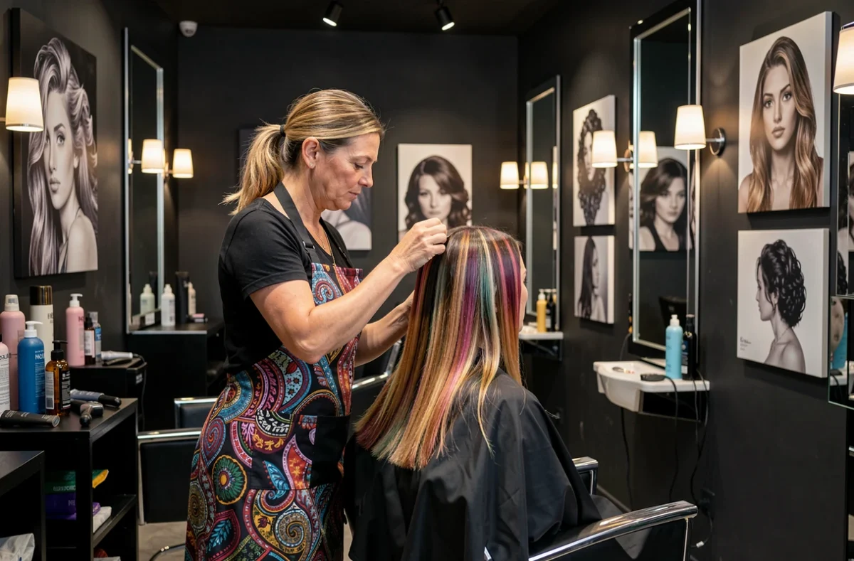 Coloriste du salon Imagin'Hair by Mise en Scène à Orléans réalisant un balayage créatif dans un cadre artistique