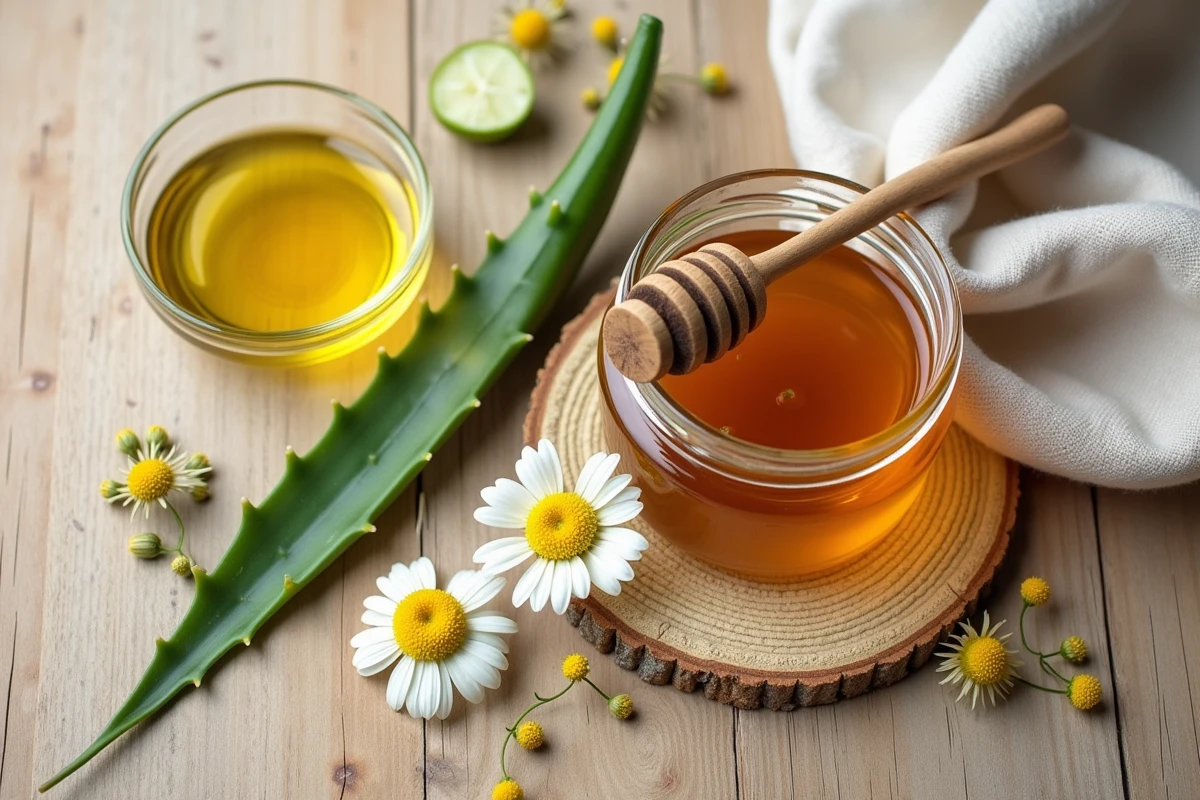 Flat lay d'ingrédients naturels pour soin peau huile d'olive miel et aloe vera sur bois clair