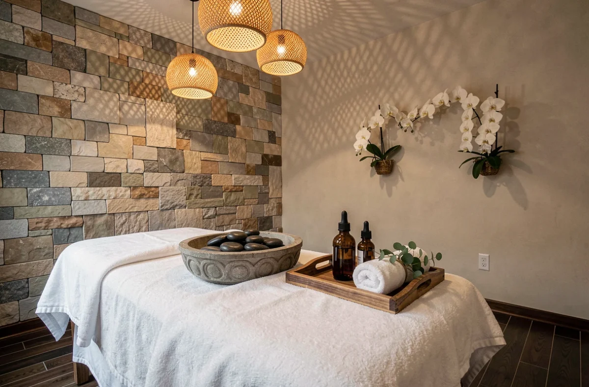 Cabine de soin luxueuse de l'Institut Spa Cocoon avec table de massage et pierres basaltiques